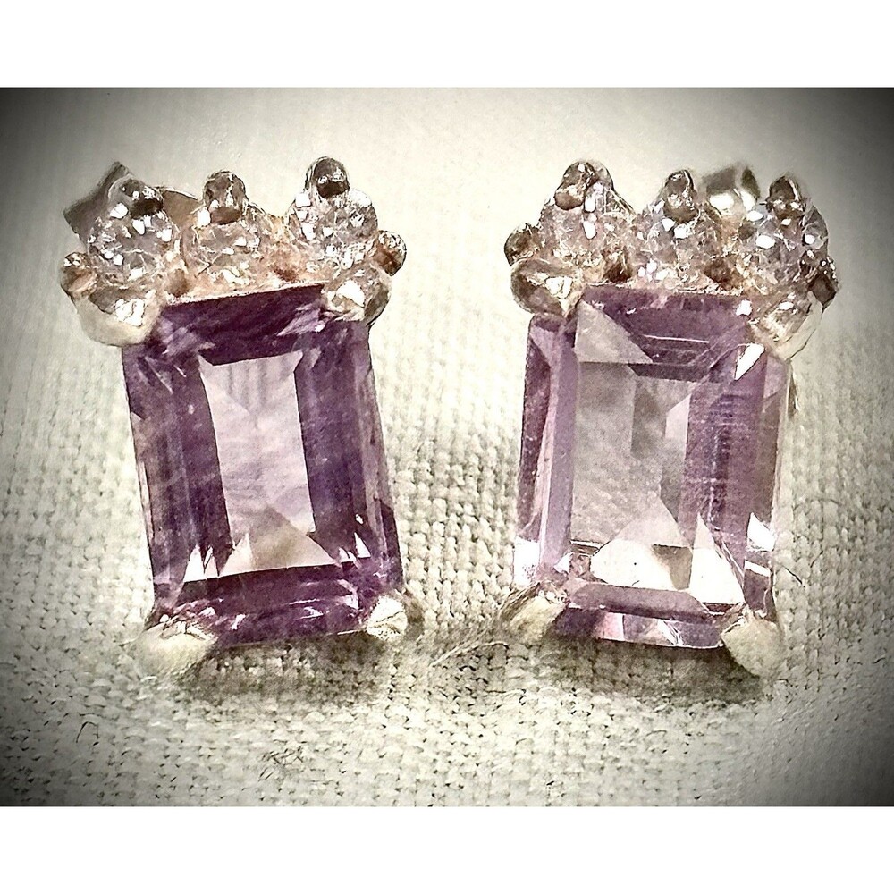 925 Sterling Silver Rectangular Amethyst Purple Stud Earrings w/ Diamond Accent